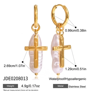 Macro detail of 18K gold stainless steel cross and baroque pearl earrings dimensions