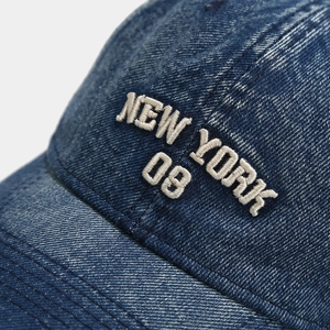 Classic dark blue washed denim baseball cap with New York 08 white embroidery detail