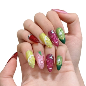 Fruit themed handmade press-on nails with glitter finish and realistic 3D water drops