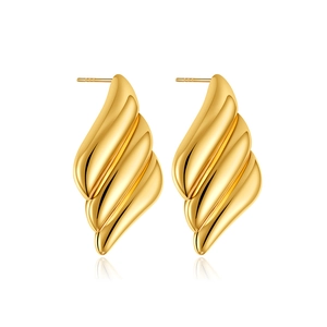 Polished 18K gold stainless steel earrings with streamlined 3D wave swirl design