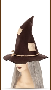 Close-up of brown wizard hat featuring vintage patches and rustic burlap rope details