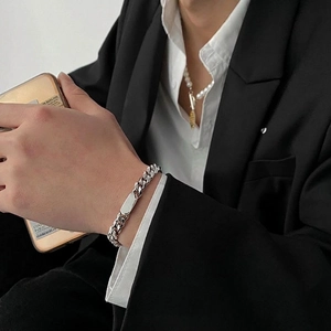 Polished silver cuban link bracelet with oval ID plate for men hip hop style accessory