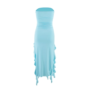Detailed view of light blue tube dress with ruffle edges and ruched waist texture
