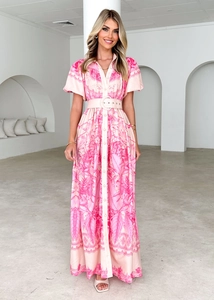 Detail of floral print maxi dress with ruffles, stand collar and matching waist belt