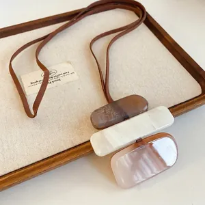 Geometric Pendant Necklace Irregular Acrylic Block Splicing Retro Long Sweater Chain For Women Minimalist Marble Texture Resin Jewelry Vintage Style