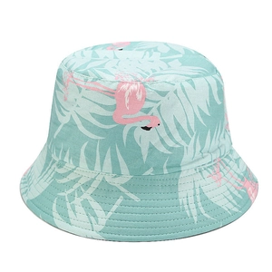 Detail of tropical flamingo print on mint green cotton bucket hat with reinforced stitching