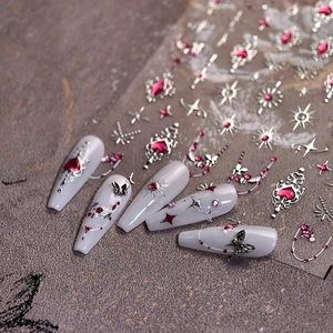Autocollants À Ongles Relief 3D Marquage À Chaud Argent Coeur Rose Gemmes Y2K Gothique Étoile Lune Auto-Adhésif