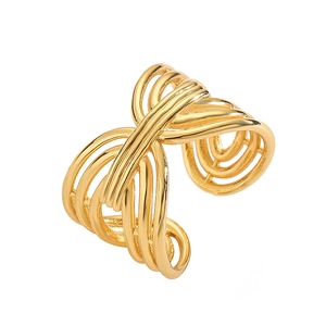 Minimalist gold multi-layer woven ring with adjustable open design and polished finish
