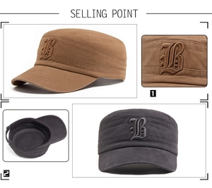 Detail of gothic B embroidery on cotton flat top military caps in brown and grey