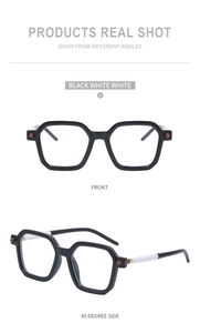 Front and side view of premium black and white square frame sunglasses for women
