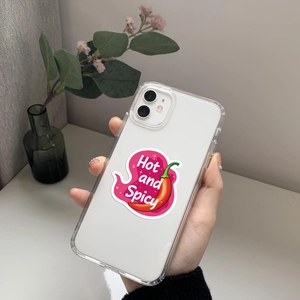 Close-up of a clear TPU phone case with a vibrant hot pepper and spicy text design