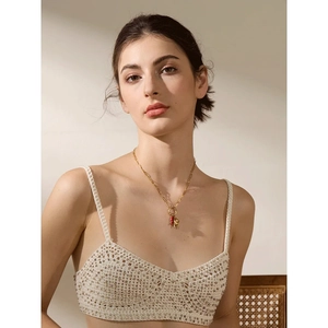 Bohemian gold paperclip chain necklace with red enamel heart and rock horn pendants