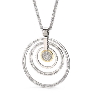 Women Dual Tone Titanium Steel Concentric Circles Pendant Necklace Full Rhinestone Statement Sweater Chain Luxury