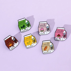 Collection of six cute enamel milk box pins featuring coffee banana and peach flavors