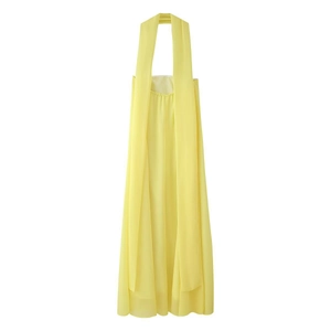 Elegant yellow halter neck maxi dress with flowing scarf collar and loose A-line silhouette