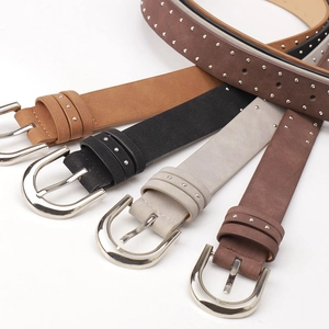 Set of four suede leather belts for women with metal studs and silver round buckles