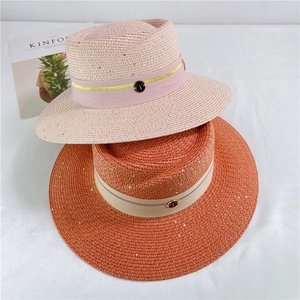 Summer wide brim straw sun hats with glitter sequins and ribbon bands for beach travel