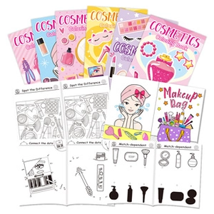 Detailed view of children's cosmetics coloring book set with various interactive activity pages