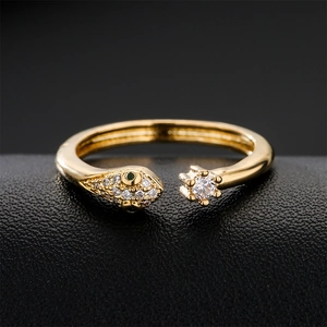 18K gold plated snake open ring with white zircon pave and green gem eyes on black leather