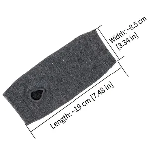 Detailed view of dark grey knitted arm sleeves with thumb hole and 19cm length measurement