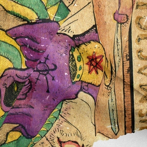 Close-up of bohemian textile texture with retro vintage illustration and fabric folds