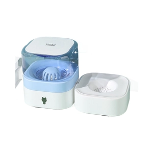 Minimalist blue and white automatic pet water fountain with circular drinking bowl