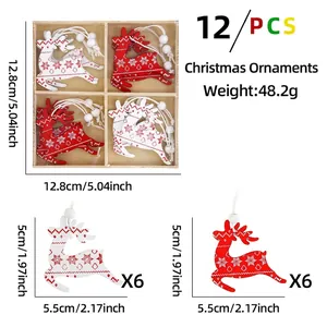 Detail of 12-piece wooden Christmas reindeer ornaments set with snowflakes and storage box