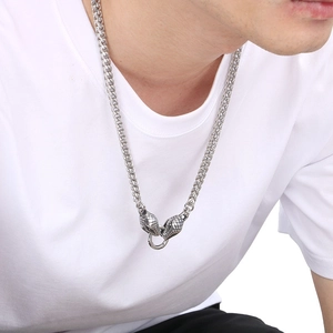 Vintage punk silver dragon bone chain necklace with double snake head clasp for men
