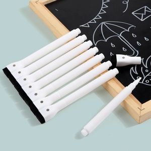Pack of 8 white magnetic whiteboard markers with integrated erasers on light blue background