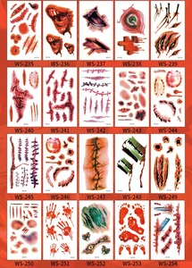 Detailed sheet of 20 waterproof Halloween wound and scar temporary tattoo designs