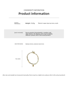 Detailed specs of Tiger Eye stone necklace with 42.8cm length and 8.5cm extender