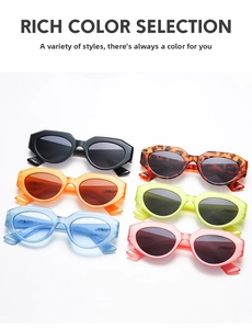 Detailed macro view showing six vibrant colors of irregular cat eye polygon sunglasses