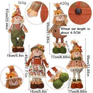 Detail showing dimensions and material close-ups of autumn scarecrow plush figurines