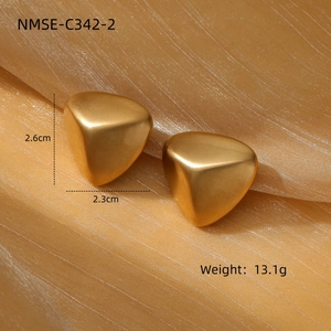 Macro shot of gold triangular earrings with brushed metal texture and size dimensions