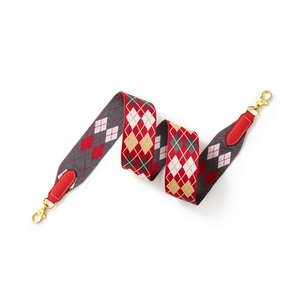 Adjustable wide woven shoulder strap with red diamond pattern and gold metal hooks
