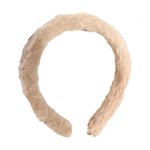 Plush faux rabbit fur headband in beige, stylish soft wide hair hoop for women