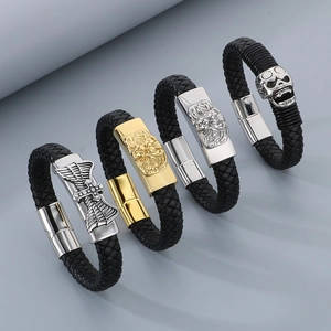 Braided leather bracelets for men with lion head, skull, and cross in 18k gold and silver