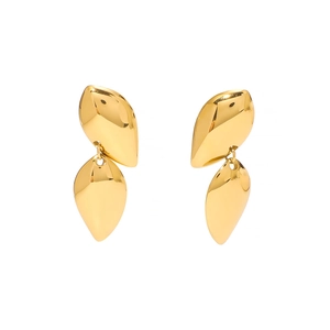 Polished 18k gold plated stainless steel double layer leaf earrings for women