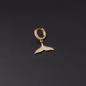 Detailed view of a gold-plated fishtail drop earring with micro-set sparkling zircons