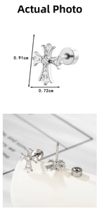 Detailed view of silver cross stud earring with micro-paved zircons and screw back