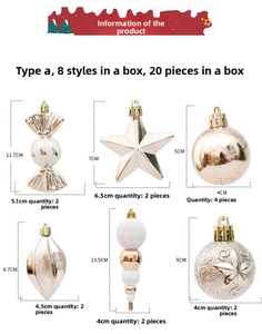 Detail view of champagne gold Christmas tree ornament set showing sizes and diverse shapes
