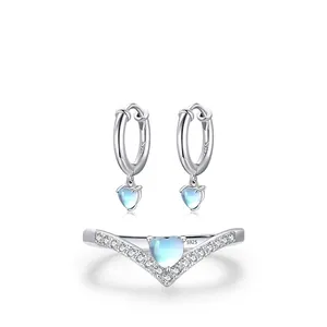 S925 sterling silver jewelry set featuring heart moonstone ring and matching earrings