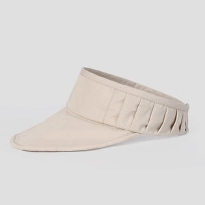 Detail of beige open-top sun hat showing foldable fabric and side pleated design