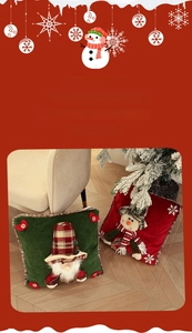 Detail of Christmas gnome and snowman plush pillow covers with 3D festive elements