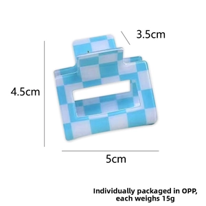 Blue and white checkered claw clip showing dimensions 5cm x 4.5cm and 15g weight details