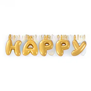 Detailed view of polished golden bubble letters spelling HAPPY for a necklace