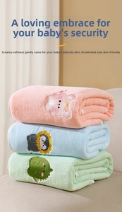Detail of soft coral fleece baby towels with cute animal embroidery in pastel colors