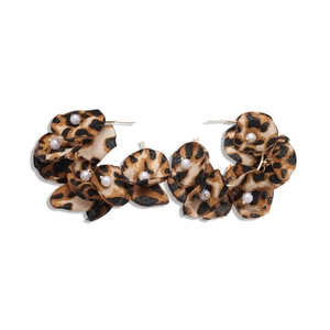 Retro leopard print fabric flower earrings with pearls on a clean white background