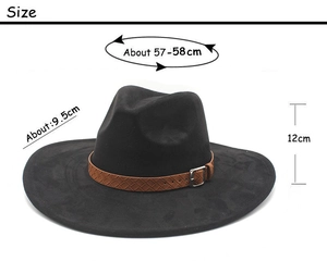 Size specifications for black wide brim felt hat with leather band and dimensions