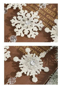 Close-up of glittery snowflake ornaments with crystals for Christmas tree decoration